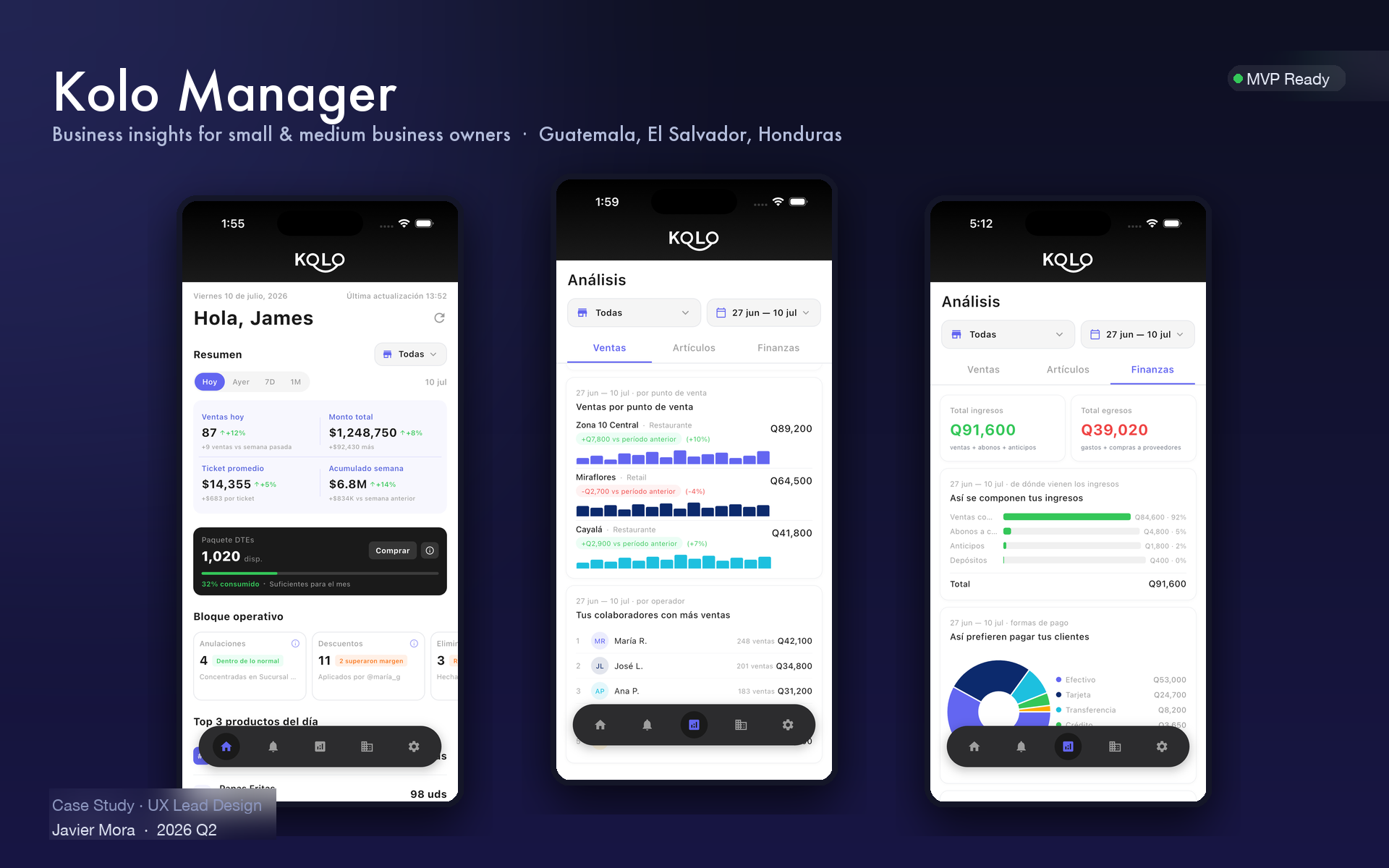 UX/UI product designer portfolio: Kolo Manager iOS app for small and medium business owners in Guatemala, El Salvador and Honduras — case study by Javier Mora, 2026.